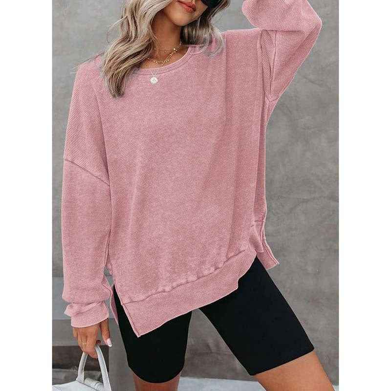 Womens Waffle Knit Crewneck Sweatshirts Long Sleeve Side Slits Casual Pullover Sweatshirt Tops.