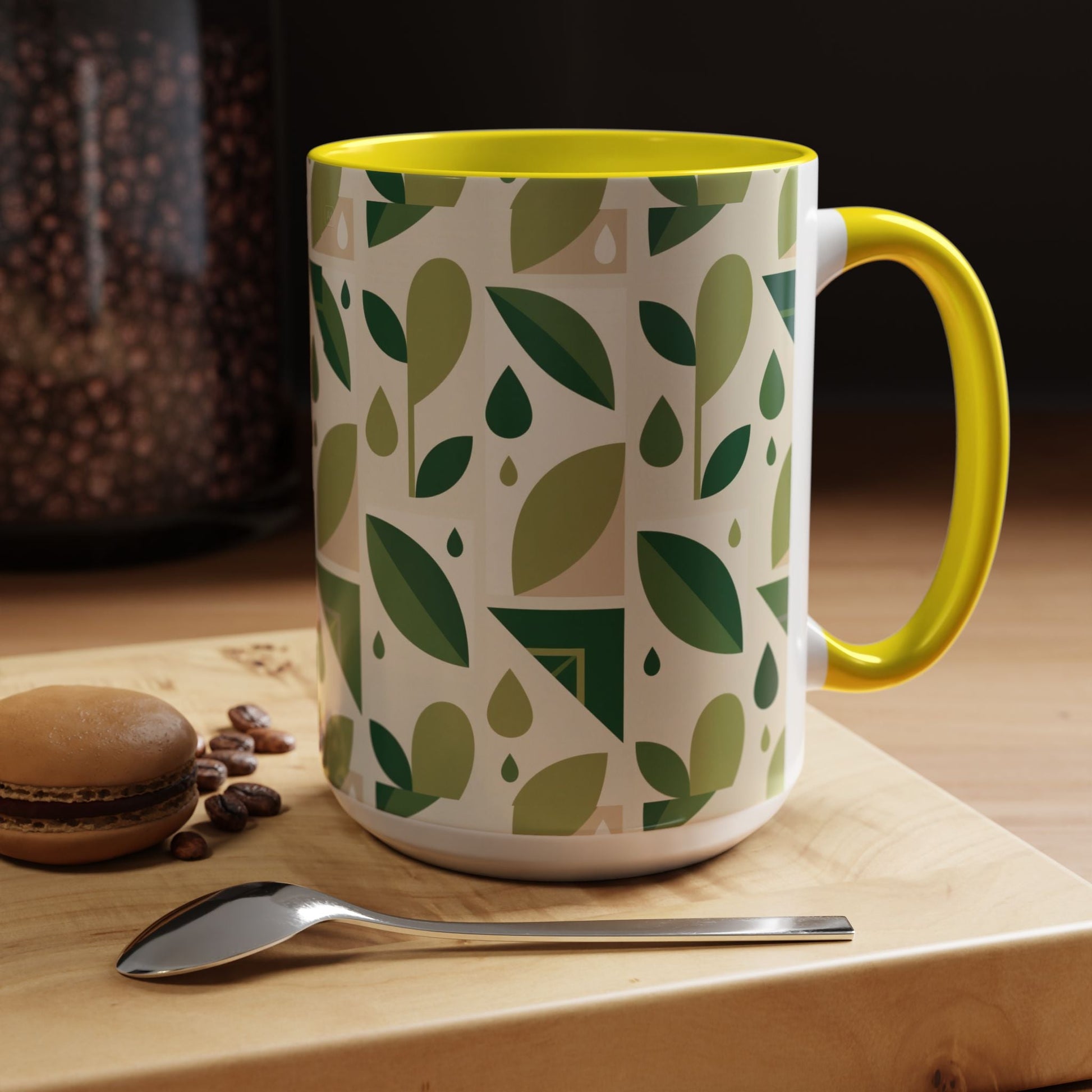 Mug - Abstract Green Leaf and Water Drop Pattern, Minimal Geometric Design Printify
