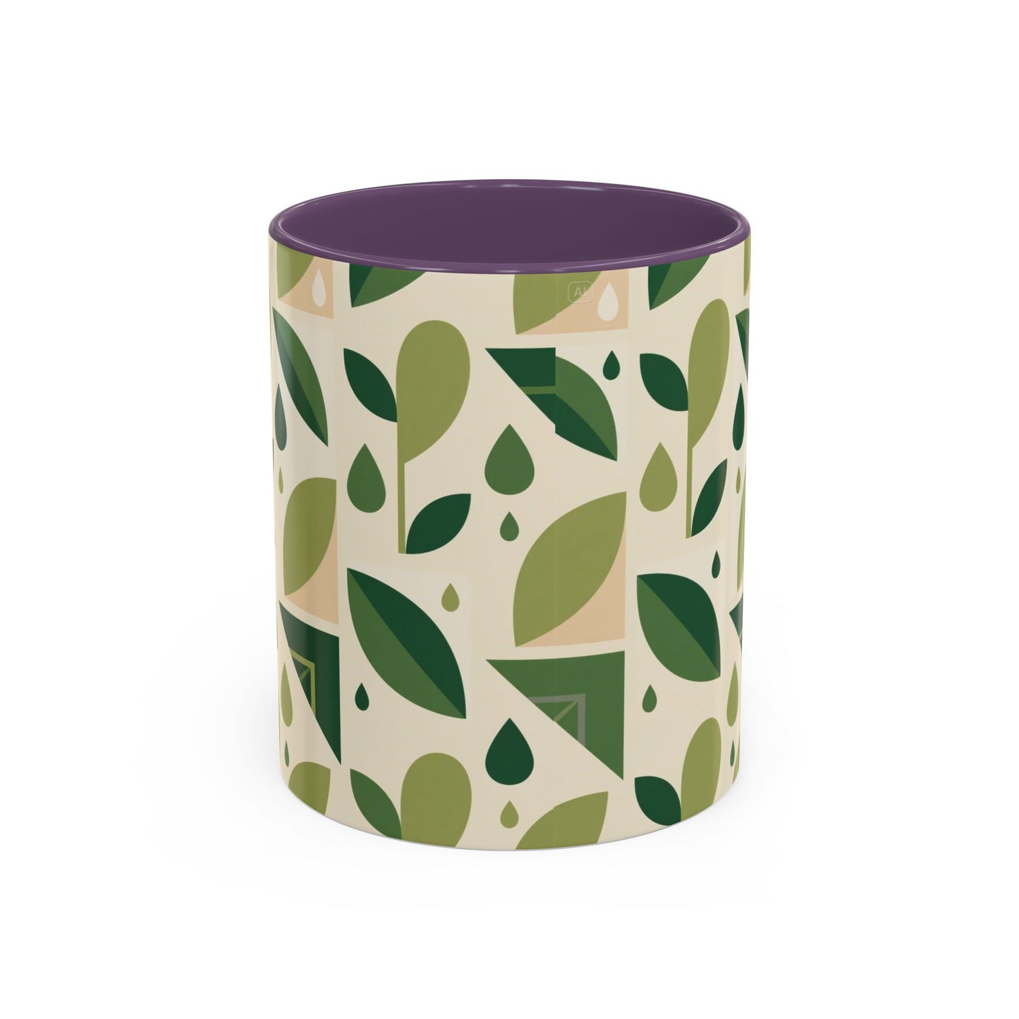 Mug - Abstract Green Leaf and Water Drop Pattern, Minimal Geometric Design.