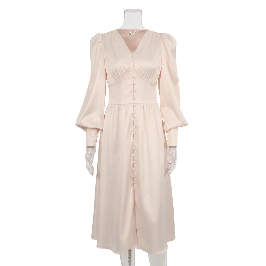 Long V-Neck Cinched Waist Retro Dress – Elegant Vintage Maxi Dress for Women.