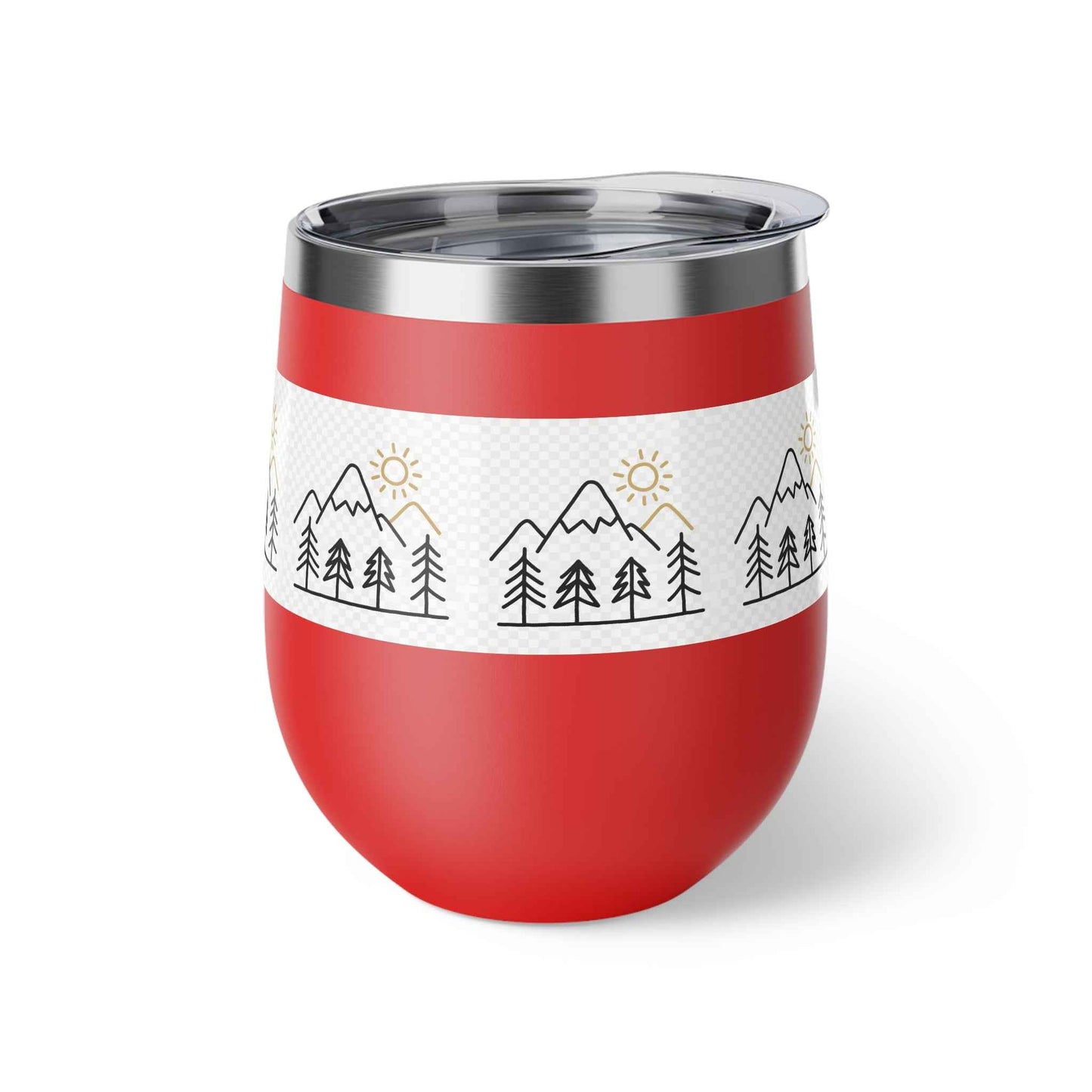 Mug, Simple Line Art Mountains and Pine Trees, 12oz Copper Vacuum Insulated Cup.