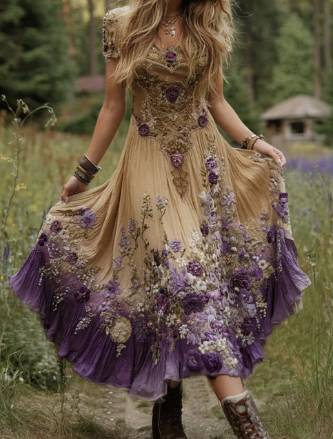 Gradient Lavender Floral Print Linen Maxi Dress – Boho Summer Vacation Outfit for Women.