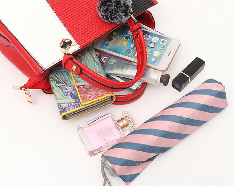 Women’s Patchwork Handbag with Hairball Charm – Party, Crossbody, Shoulder & Messenger Bag.