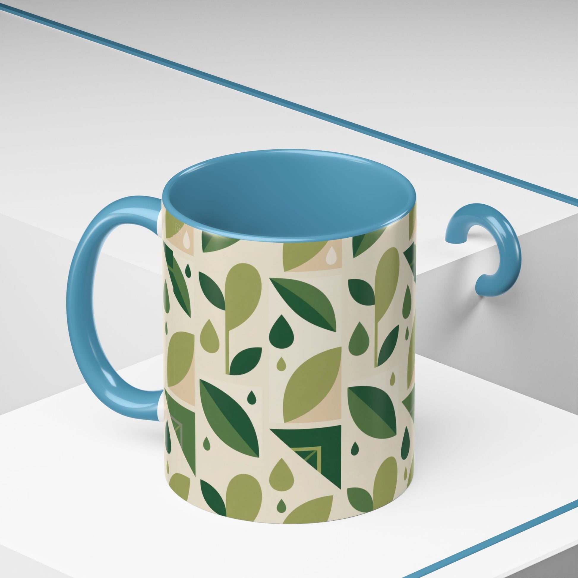 Mug - Abstract Green Leaf and Water Drop Pattern, Minimal Geometric Design Printify