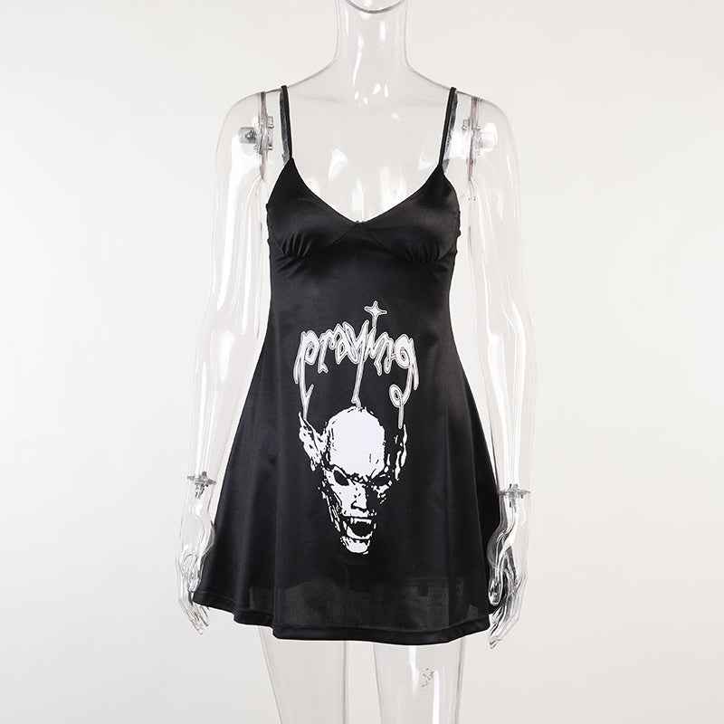 Women’s Satin Dark Skull Print Slip Dress – Gothic Chic, Alternative Party Outfit.