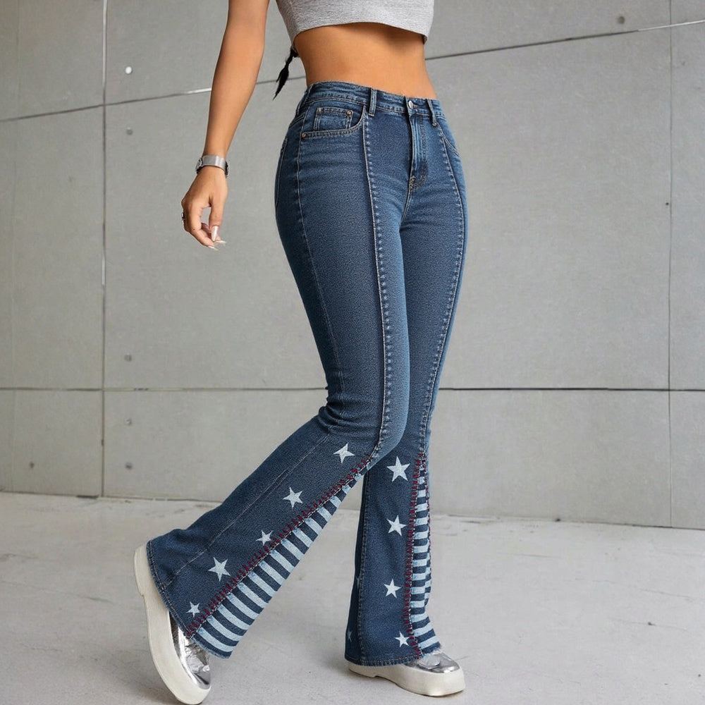 Vintage Star Pattern Jeans – Women’s High-Waist Wide-Leg Retro Denim cjdropshipping