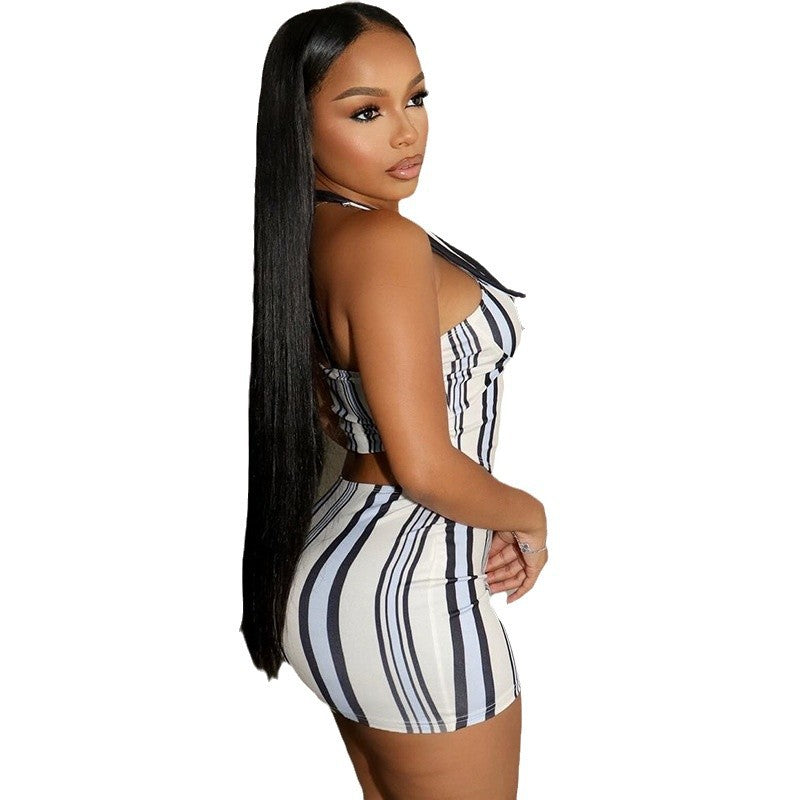 Women’s Sleeveless Halter Striped Skirt Set – Figure-Hugging Two-Piece Summer Outfit.
