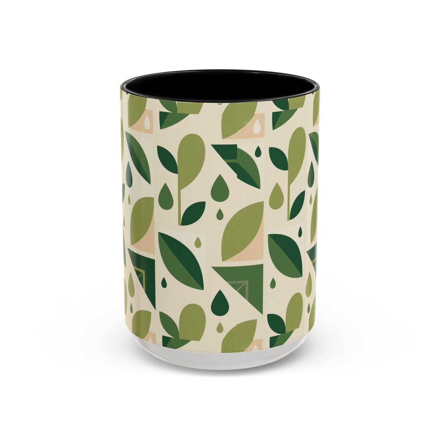 Mug - Abstract Green Leaf and Water Drop Pattern, Minimal Geometric Design.