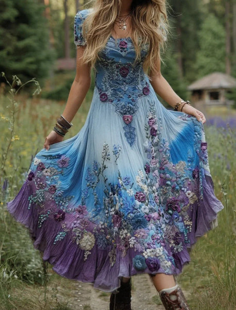 Gradient Lavender Floral Print Linen Maxi Dress – Boho Summer Vacation Outfit for Women.