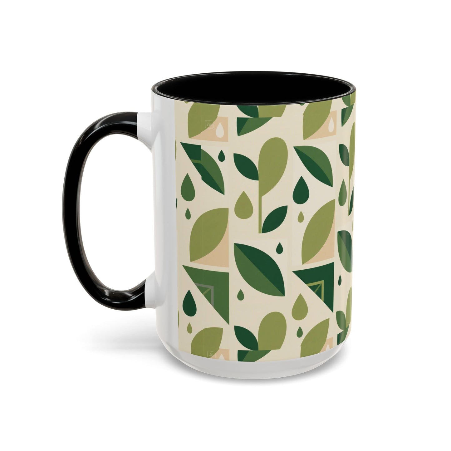 Mug - Abstract Green Leaf and Water Drop Pattern, Minimal Geometric Design Printify