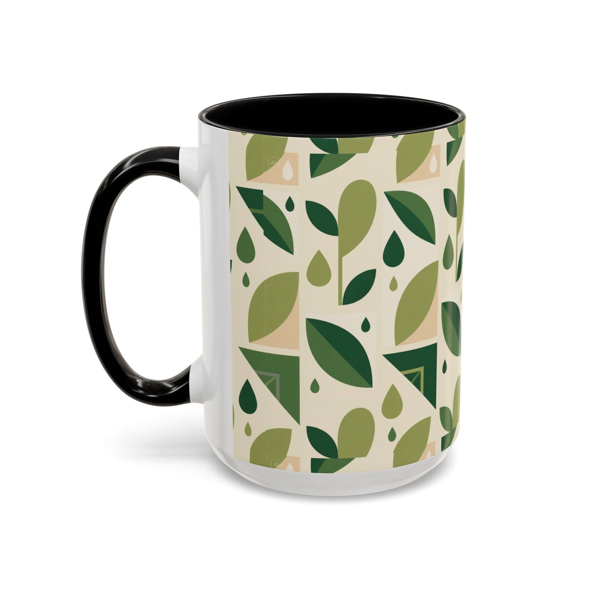 Mug - Abstract Green Leaf and Water Drop Pattern, Minimal Geometric Design Printify
