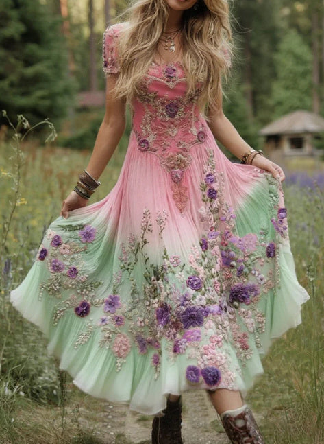 Gradient Lavender Floral Print Linen Maxi Dress – Boho Summer Vacation Outfit for Women.