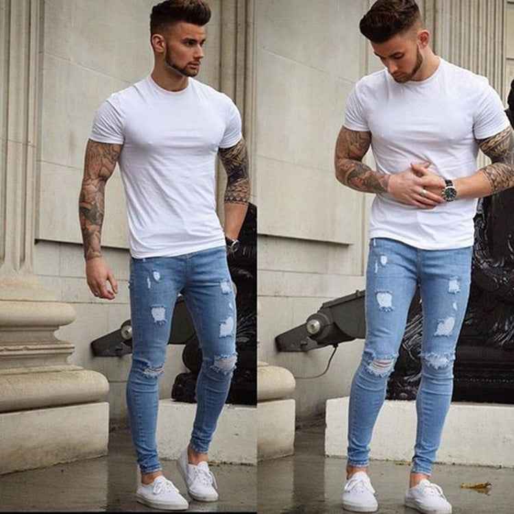 Men’s Slim Fit Frayed Hem Jeans – Distressed Stretch Denim Pants for Casual & Street Style.