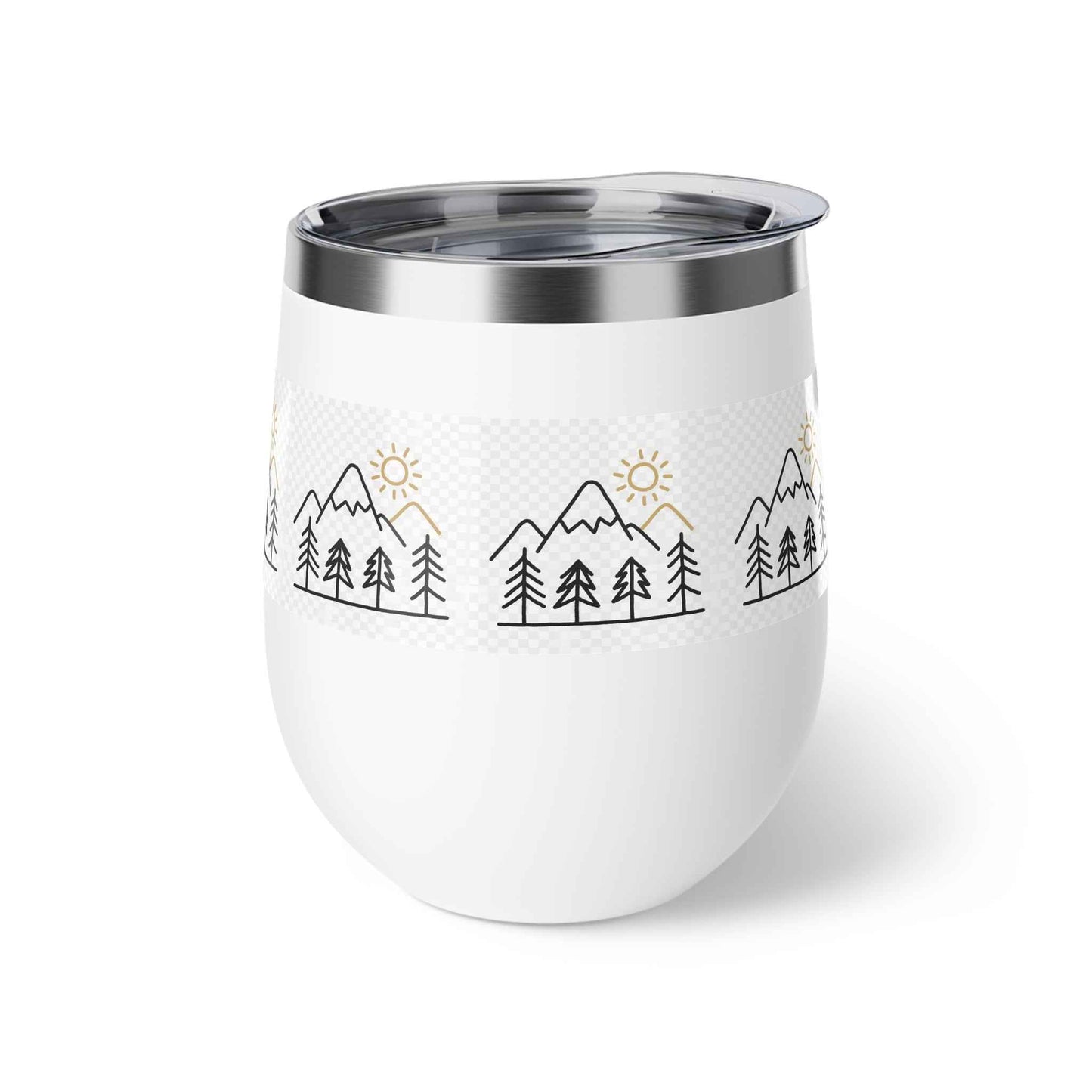Mug, Simple Line Art Mountains and Pine Trees, 12oz Copper Vacuum Insulated Cup.