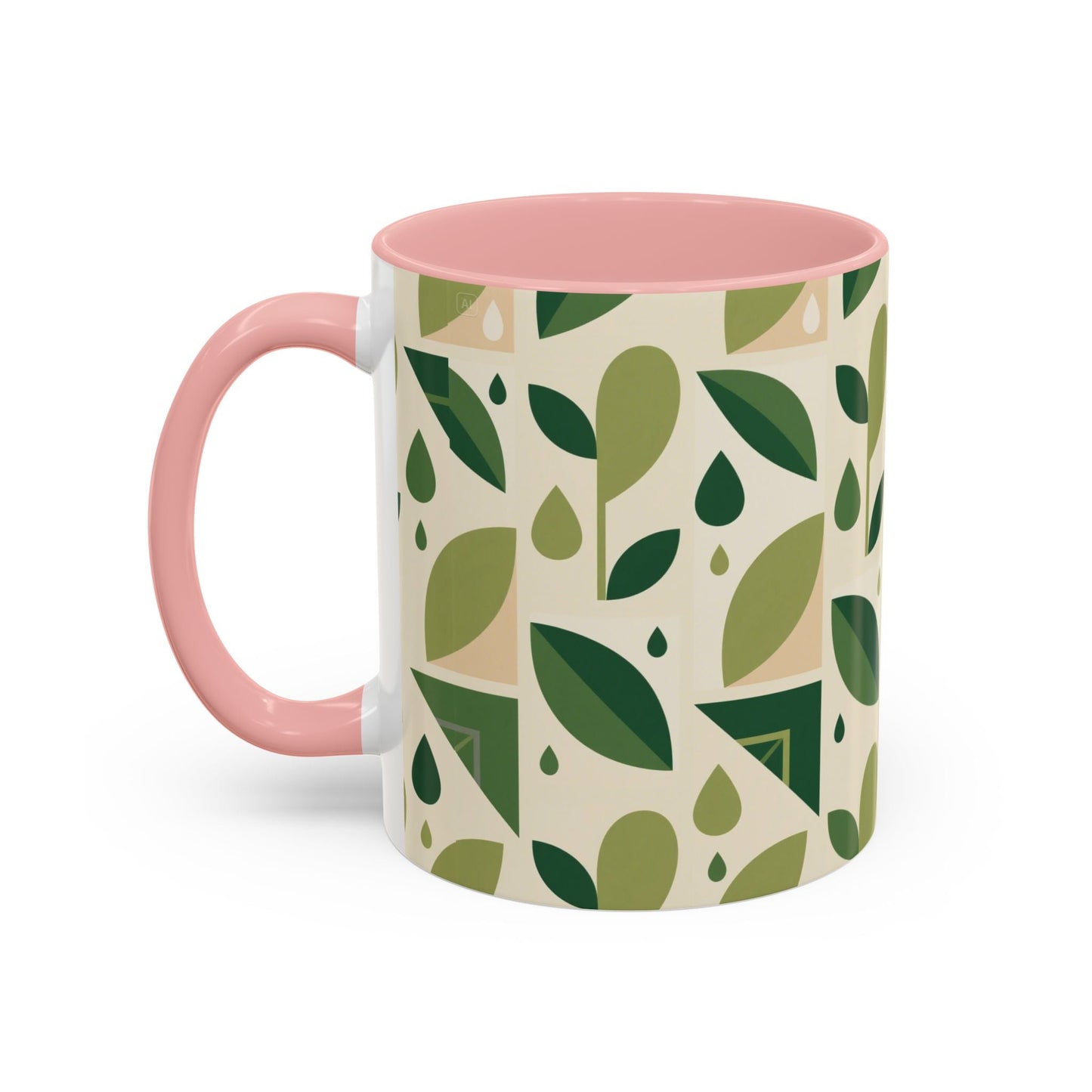 Mug - Abstract Green Leaf and Water Drop Pattern, Minimal Geometric Design Printify