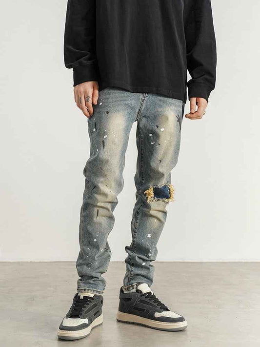 Slim-Fit Jeans With Splashed Ink & Ripped Patches – Men’s Streetwear Denim.