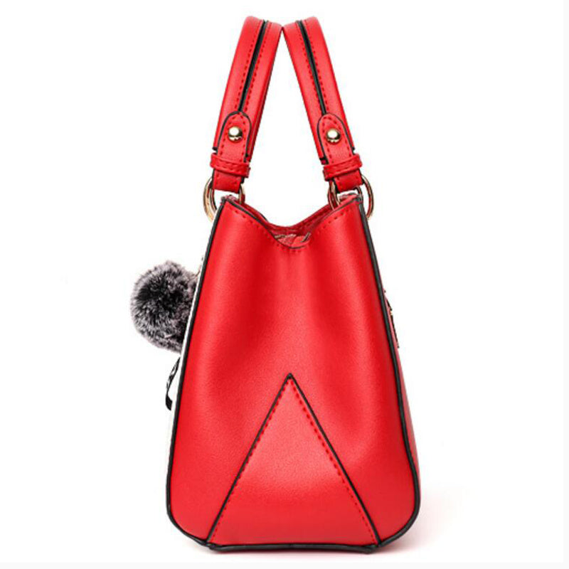 Women’s Patchwork Handbag with Hairball Charm – Party, Crossbody, Shoulder & Messenger Bag.