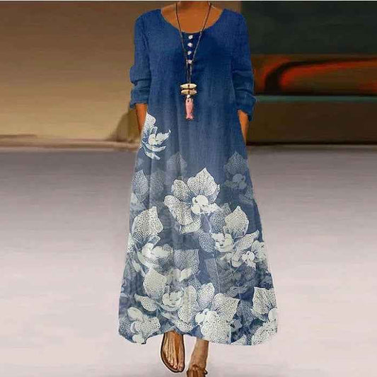 Floral Print Loose V-neck Long Sleeve Casual Maxi Dress.