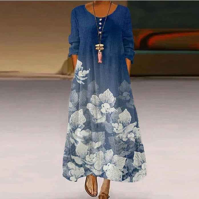 Floral Print Loose V-neck Long Sleeve Casual Maxi Dress.