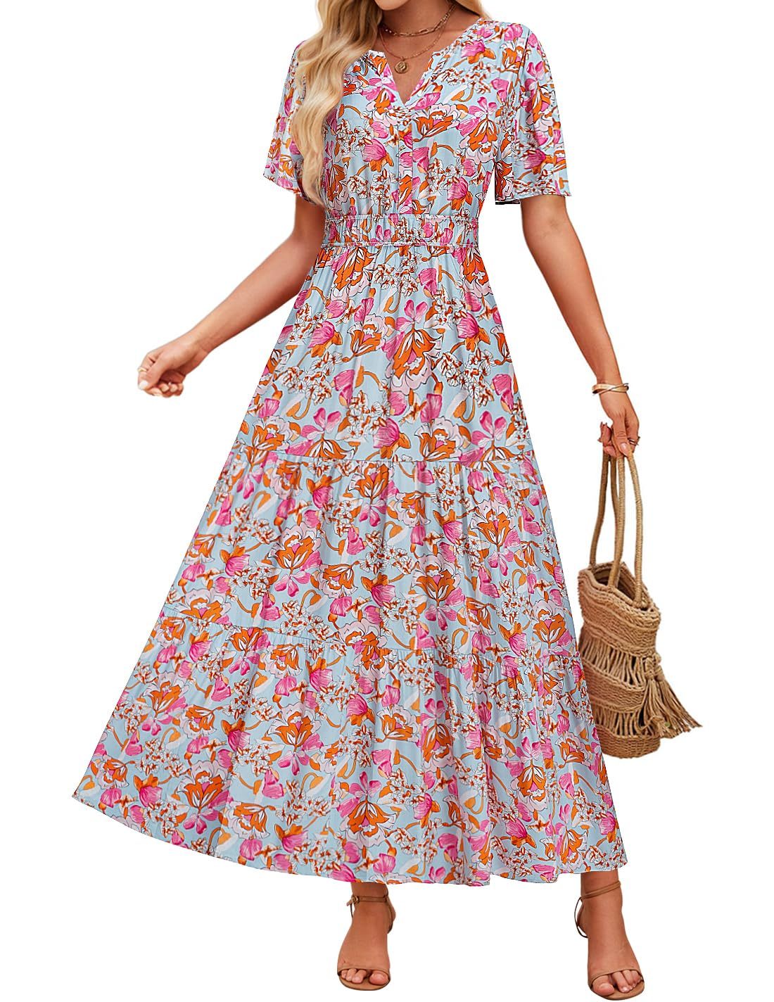 Summer Casual Floral Print Maxi Dress – Sleeveless Boho Beach Sundress for Women.