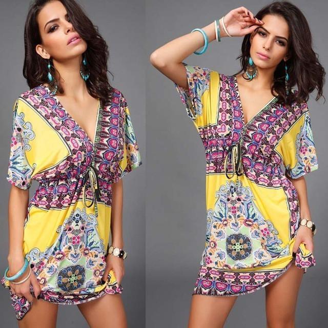 Boho Tribal Maxi Dress – Ethnic Print Summer, Festival & Beachwear for Women.