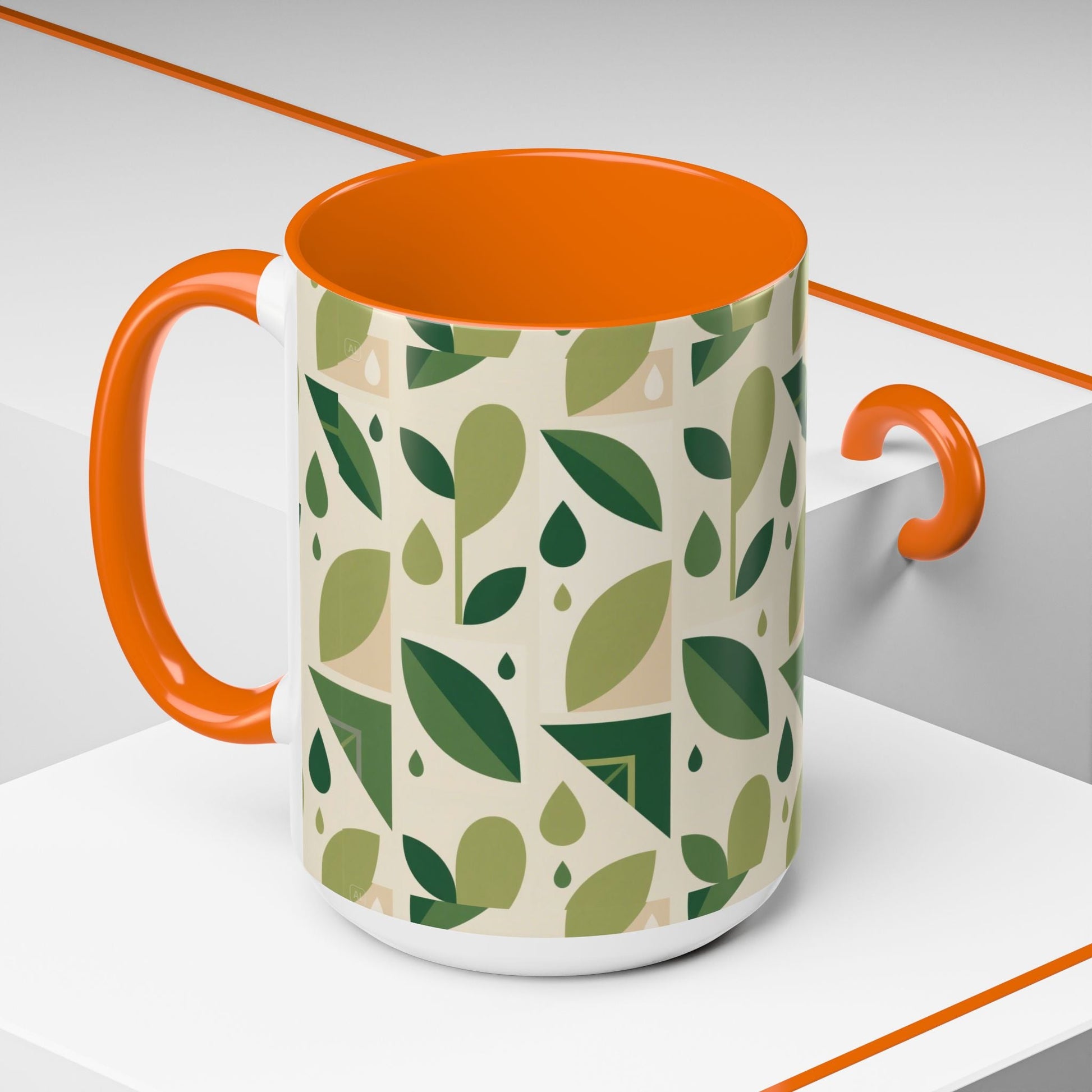 Mug - Abstract Green Leaf and Water Drop Pattern, Minimal Geometric Design Printify