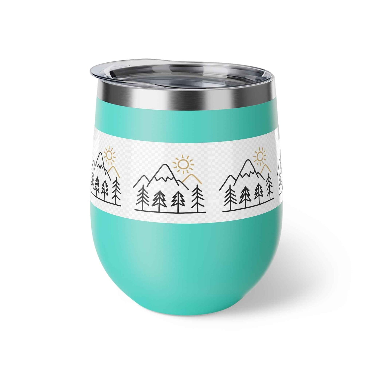 Mug, Simple Line Art Mountains and Pine Trees, 12oz Copper Vacuum Insulated Cup.