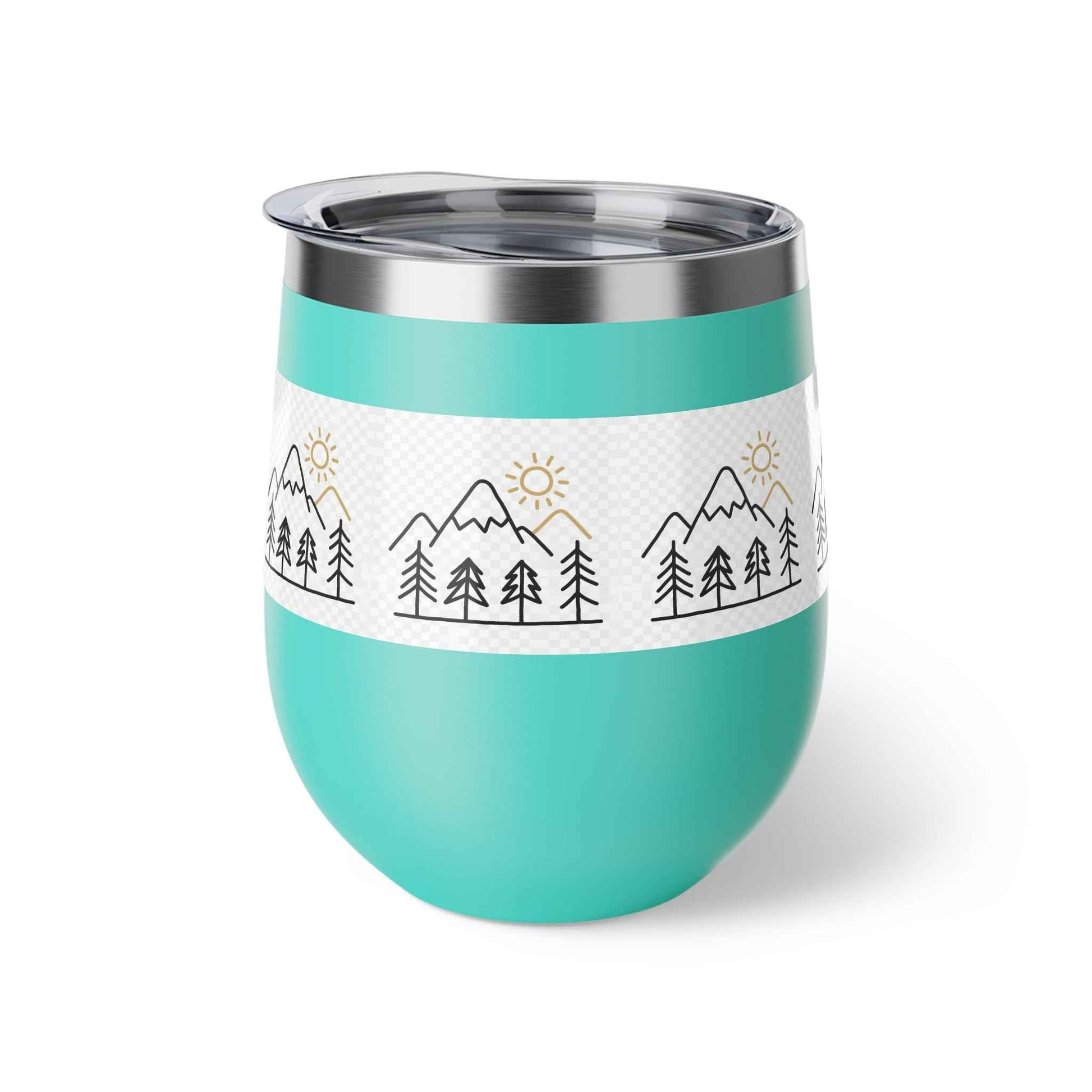 Mug, Simple Line Art Mountains and Pine Trees, 12oz Copper Vacuum Insulated Cup.