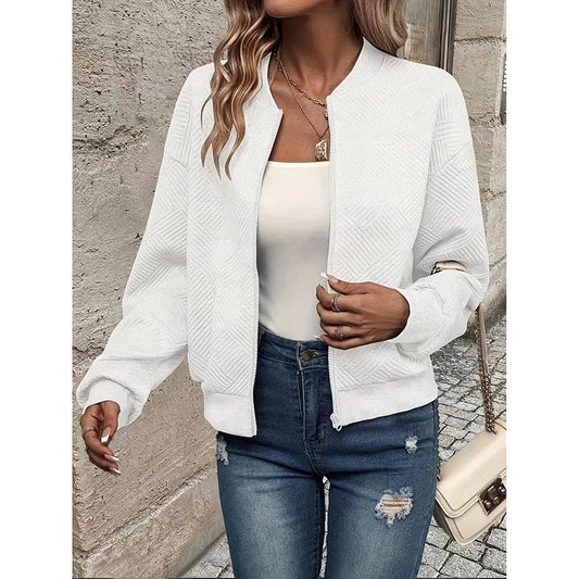 Womens Bomber Jacket Coat Casual Textured Stand Collar Zip Up Fall Fashion Jackets Outfits cjdropshipping