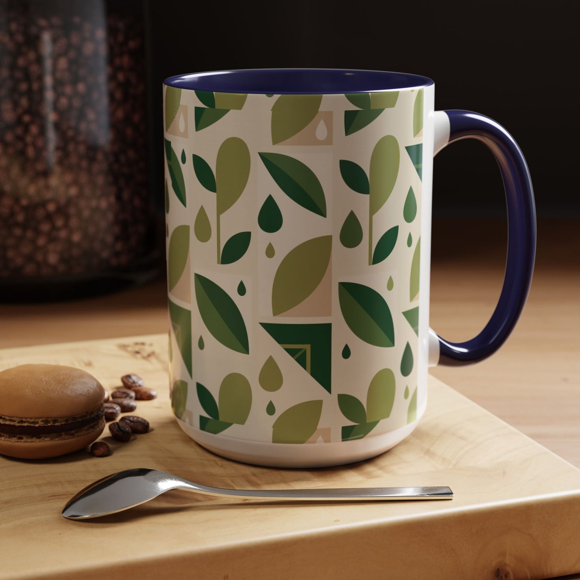Mug - Abstract Green Leaf and Water Drop Pattern, Minimal Geometric Design Printify
