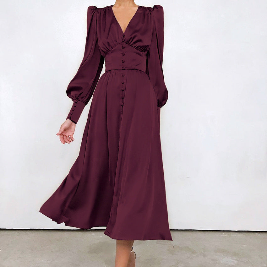 Long V-Neck Cinched Waist Retro Dress – Elegant Vintage Maxi Dress for Women.
