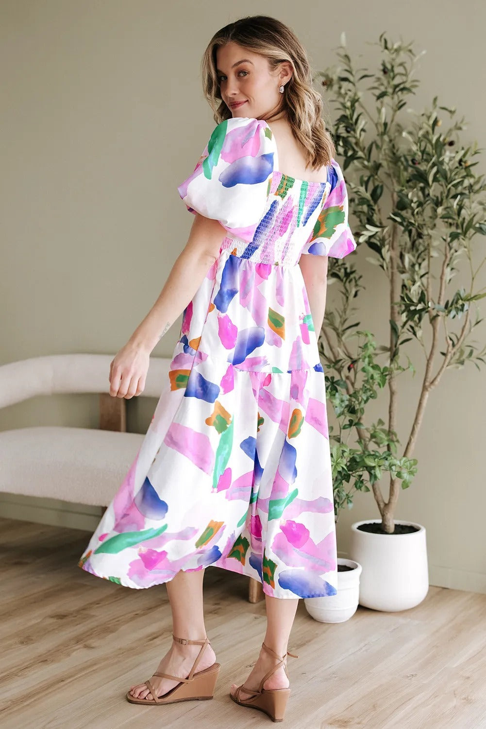 Purple Abstract Print Puff Sleeve Midi Dress – Smocked Back Summer Fashion.