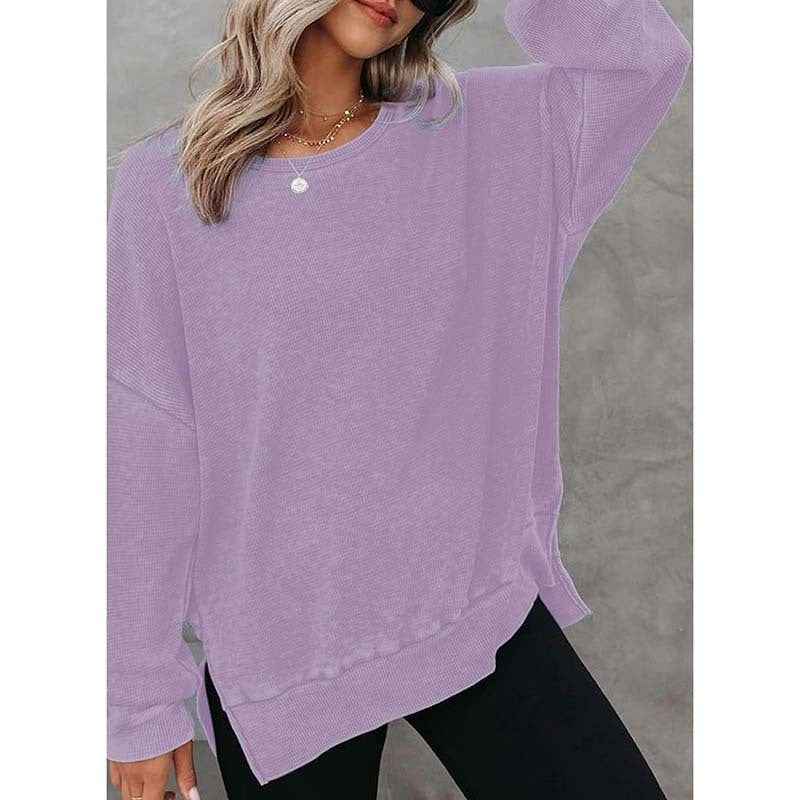 Womens Waffle Knit Crewneck Sweatshirts Long Sleeve Side Slits Casual Pullover Sweatshirt Tops.