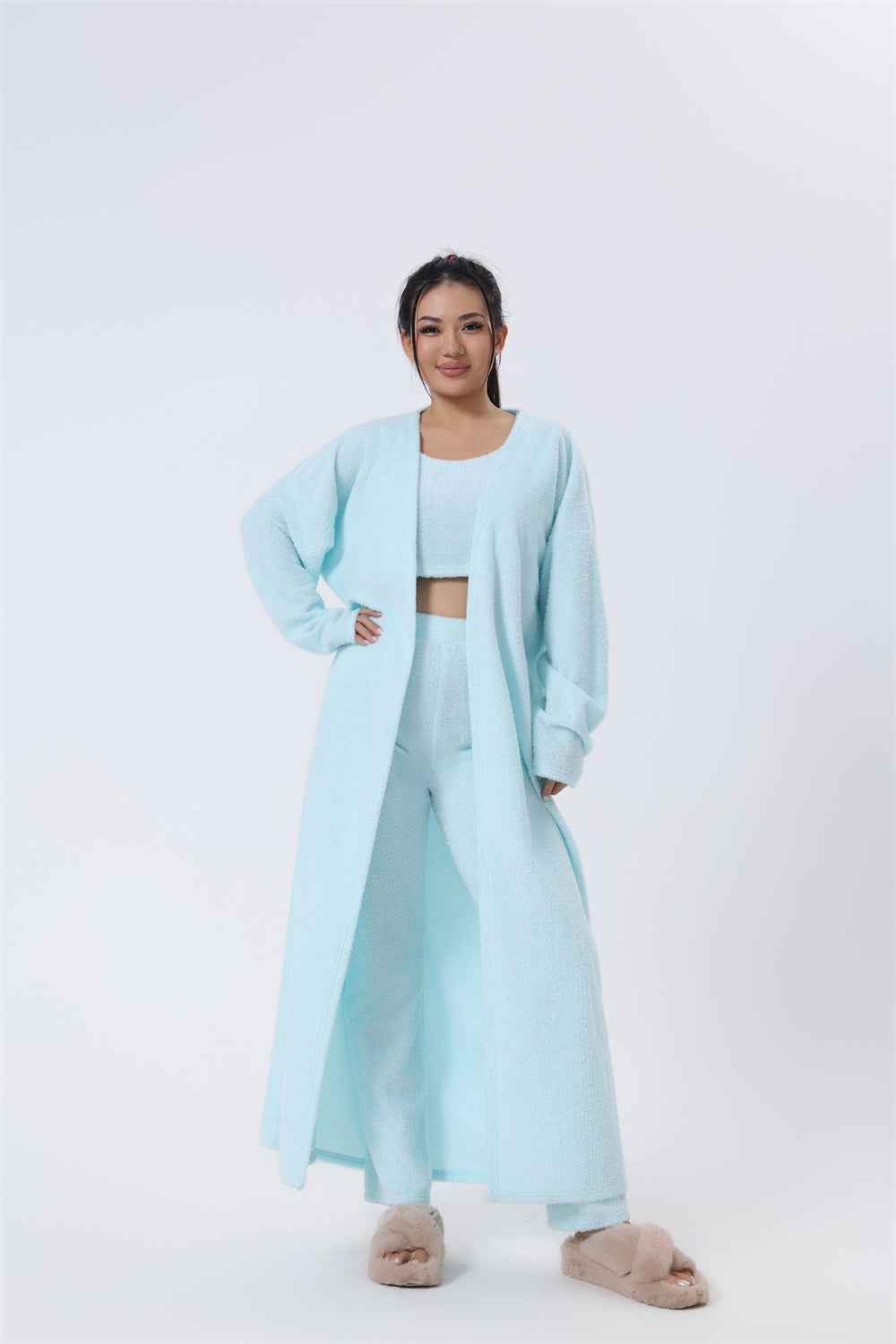Women’s 3-Piece Cozy Winter Lounge Set – Soft Pajama Pants, Tank Top & Warm Cardigan.
