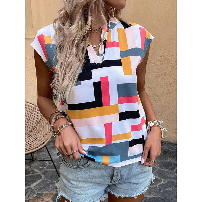 Women's Summer Geometric Pattern Cap Sleeve V-Neck Top – Casual & Dressy Short Sleeve Blouse.
