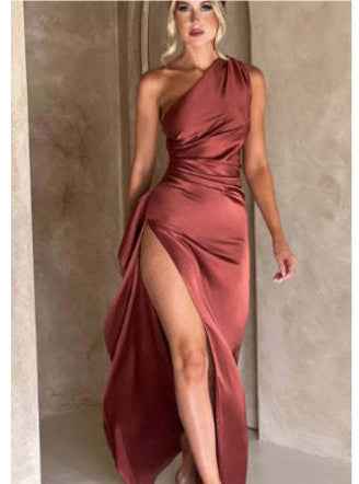 One-Shoulder Backless Slit Satin Dress – Elegant Summer Party Dress.
