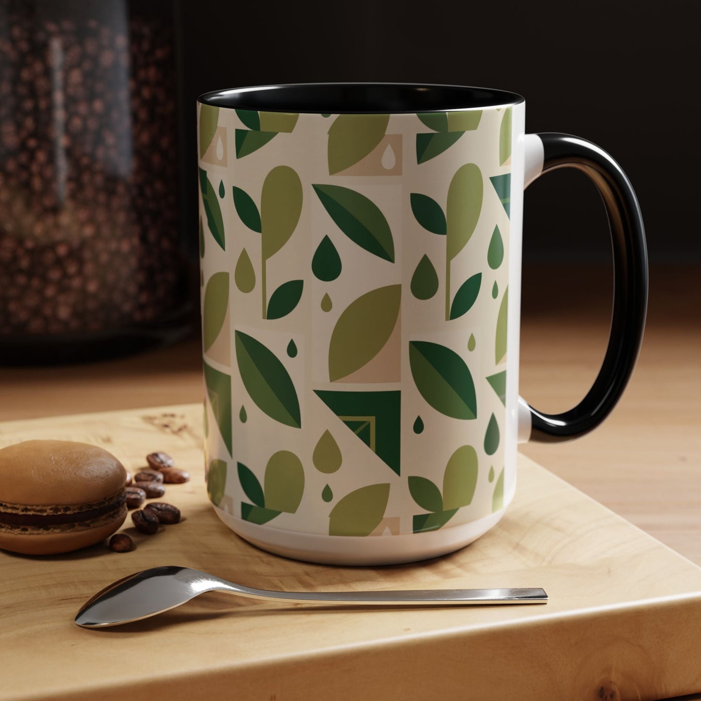 Mug - Abstract Green Leaf and Water Drop Pattern, Minimal Geometric Design Printify