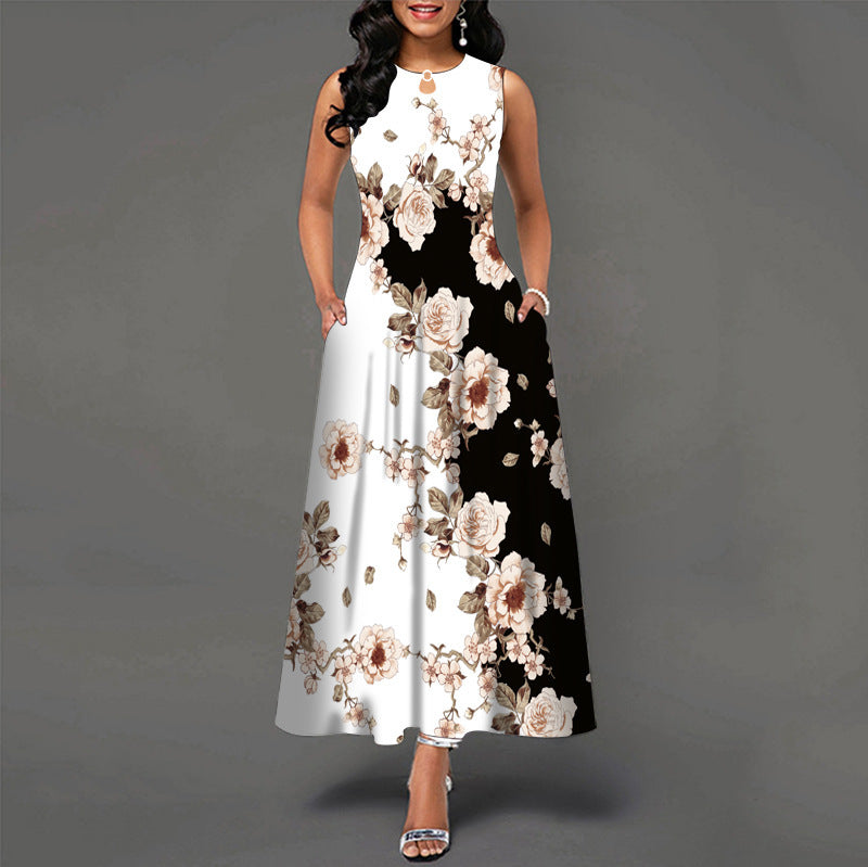 Black and White Color Block Floral Print Maxi Dress – Stylish Boho Summer Beach & Party Dress.