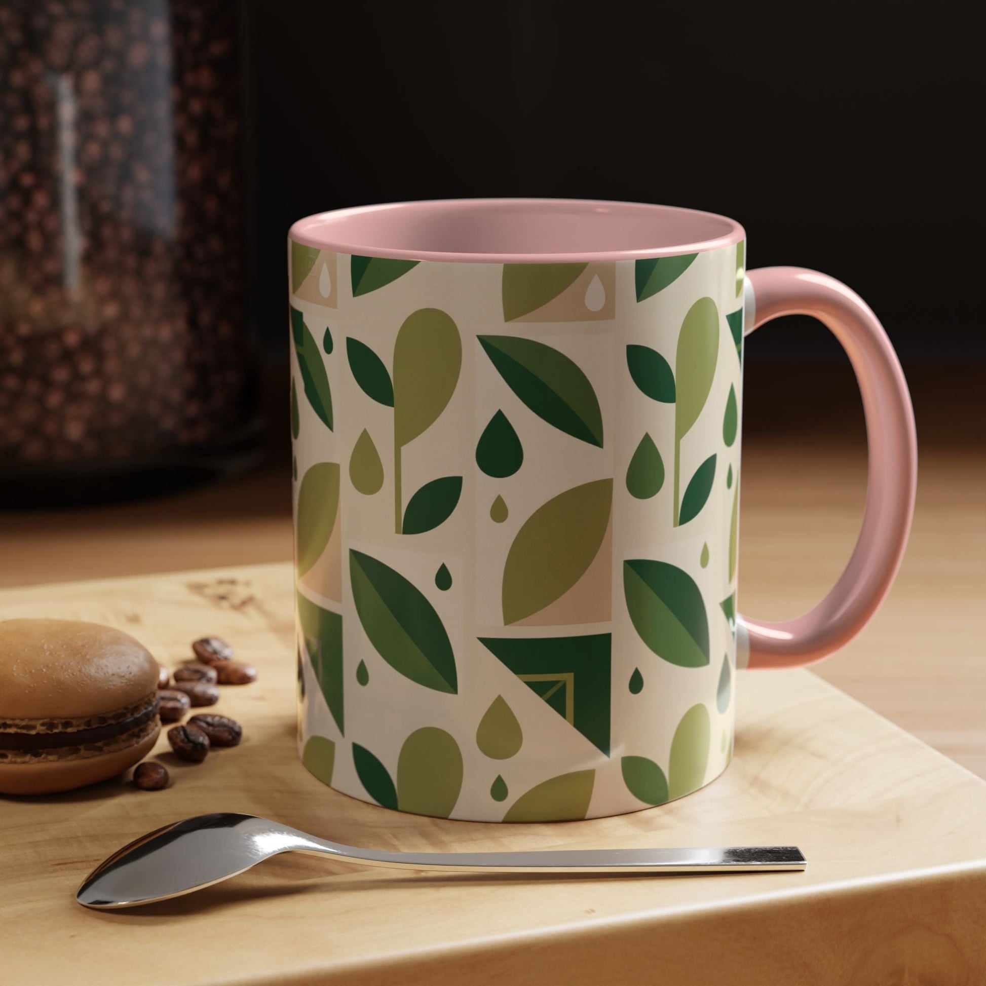 Mug - Abstract Green Leaf and Water Drop Pattern, Minimal Geometric Design Printify