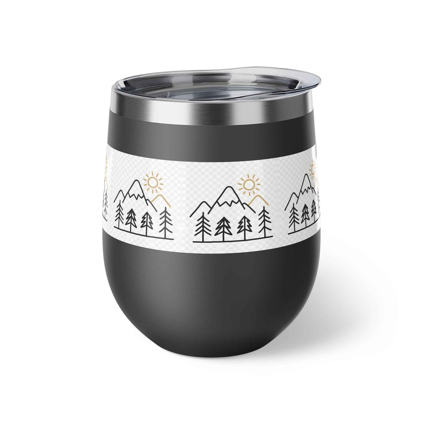 Mug, Simple Line Art Mountains and Pine Trees, 12oz Copper Vacuum Insulated Cup.