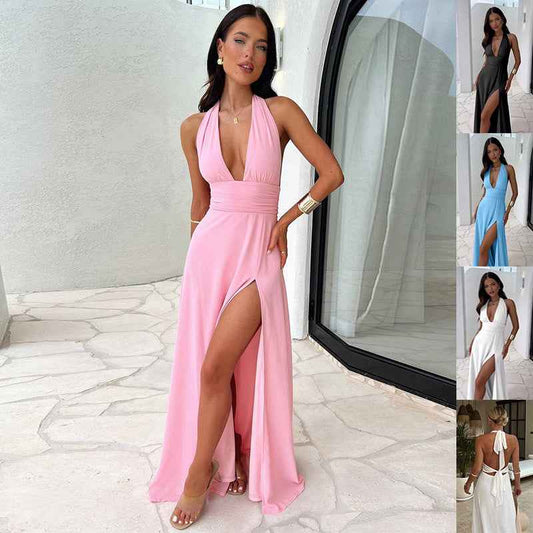 Sexy Halterneck V-Neck Slit Dress – Summer Backless Party Dress.