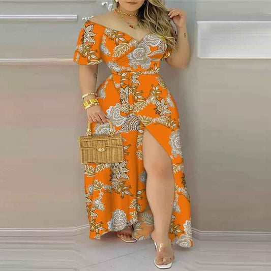 Floral Print Split Thigh Belted Wrap Maxi Dress – Elegant Boho Summer Beach & Party Dress.