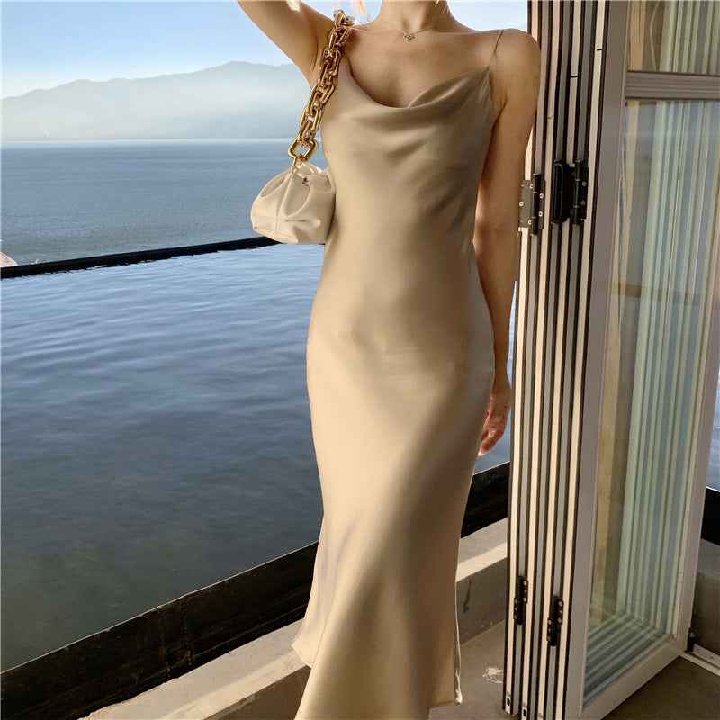 Sleek Acetate Satin Swing Neck Slip Dress – Elegant Silky Evening & Cocktail Dress for Women.