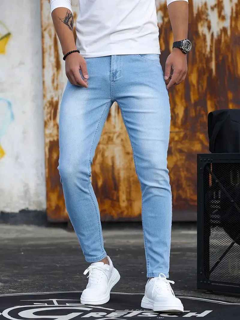 Men’s Retro Washed Stretch Slim Fit Jeans with Zipper Detail – Casual Denim Pants.
