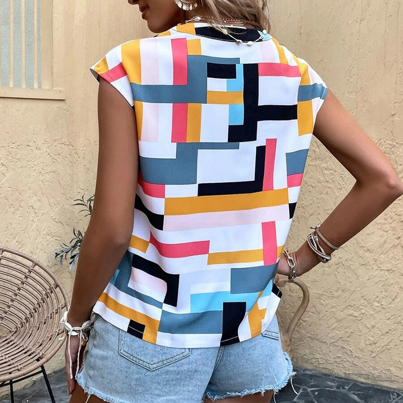 Women's Summer Geometric Pattern Cap Sleeve V-Neck Top – Casual & Dressy Short Sleeve Blouse.