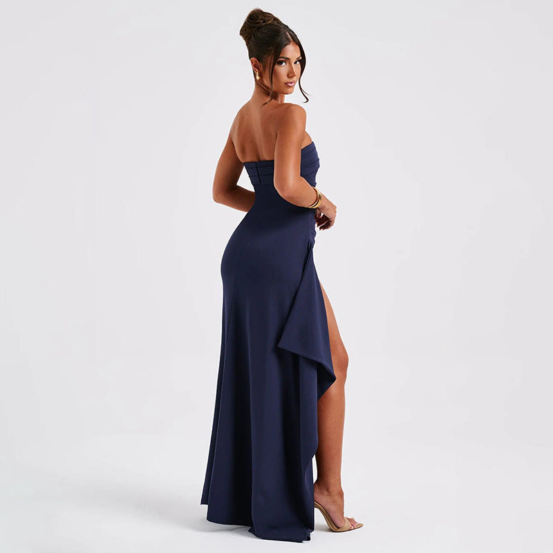 Women’s Strapless Split Long Dress – Summer Pleated Bridesmaid & Party Dress.