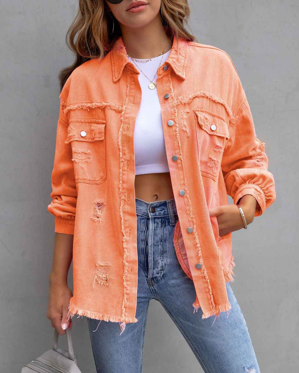 Fashion Ripped Shirt Jacket – Women’s Autumn & Spring Casual Top.