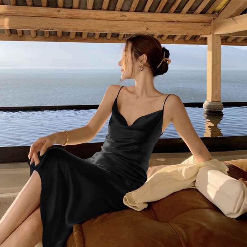 Sleek Acetate Satin Swing Neck Slip Dress – Elegant Silky Evening & Cocktail Dress for Women.