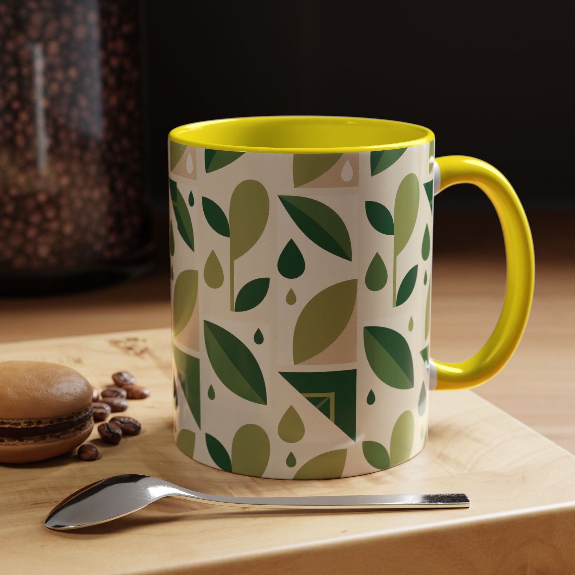 Mug - Abstract Green Leaf and Water Drop Pattern, Minimal Geometric Design Printify