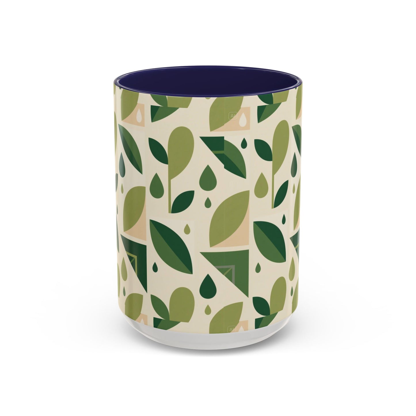 Mug - Abstract Green Leaf and Water Drop Pattern, Minimal Geometric Design.